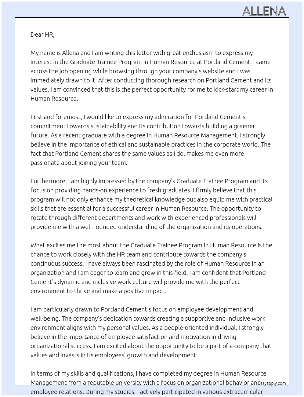 Graduate trainee program human resource At Portland cement  Cover Letter