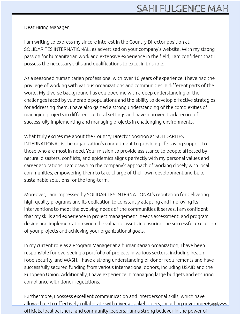 Country Director At SOLIDARITES INTERNATIONAL Cover Letter