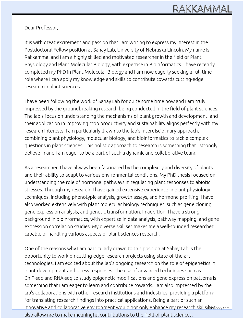 Postdoctoral Fellow At Sahay Lab, University of Nebraska Lincoln Cover Letter