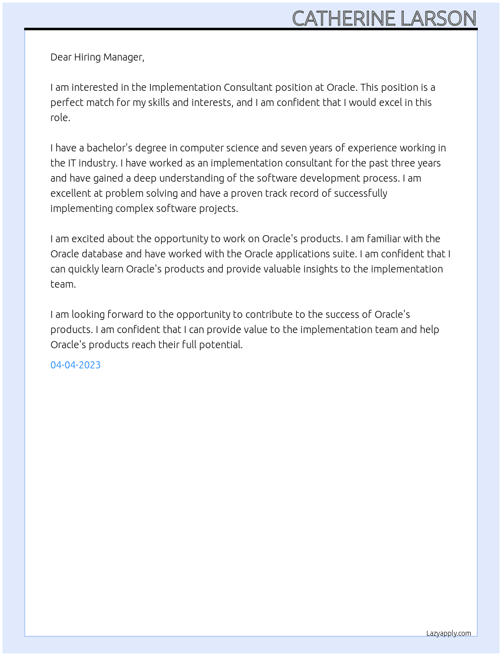 Implementation Consultant At Oracle Cover Letter