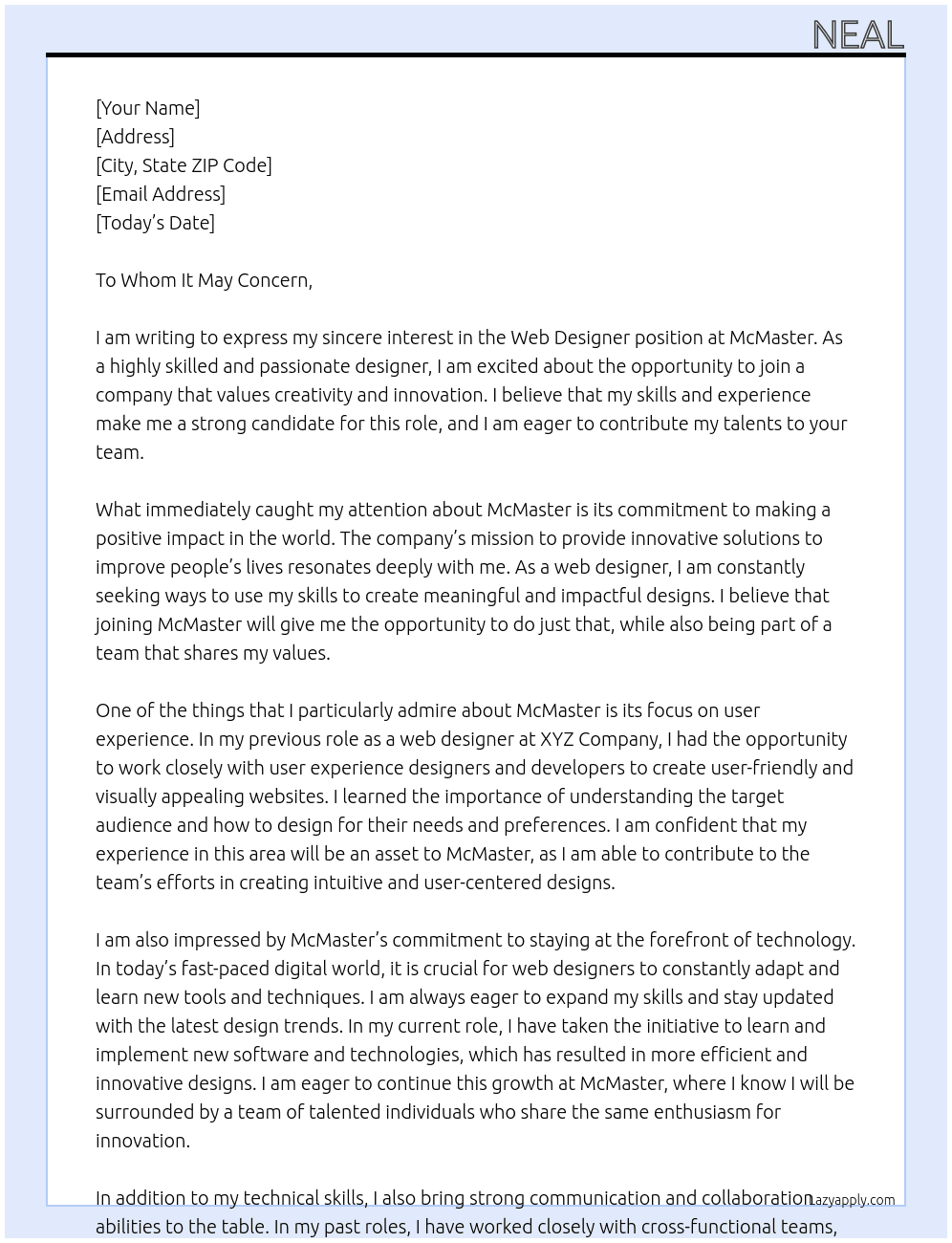 Web Designer At McMaster Cover Letter