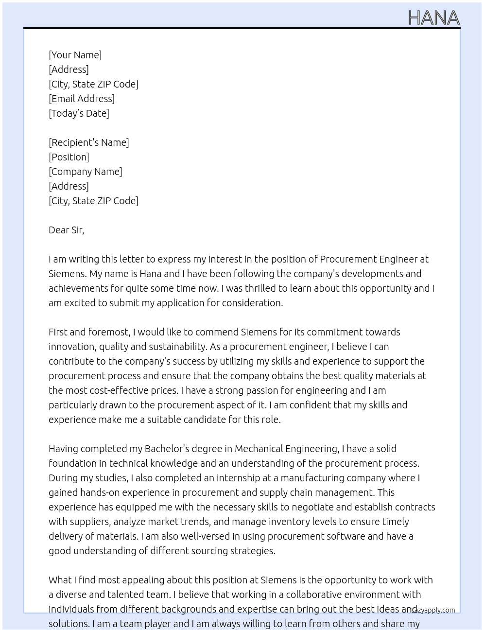 procurement engineer At Siemens  Cover Letter