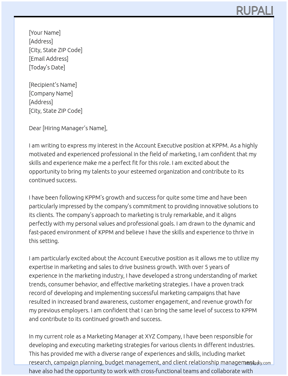 Account Executive At KPPM Cover Letter