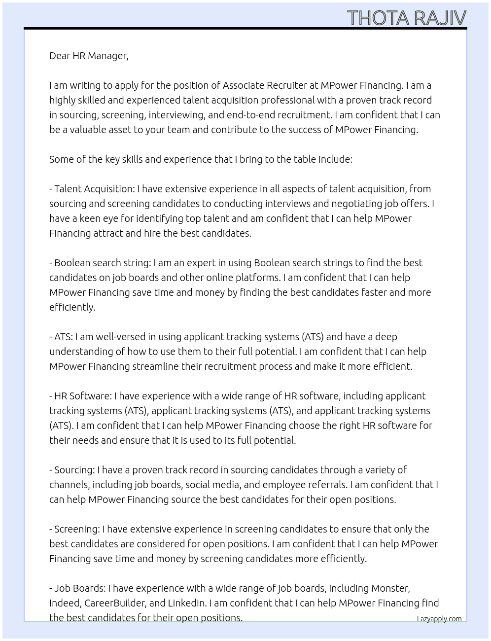Associate Recruiter At MPower Financing Cover Letter