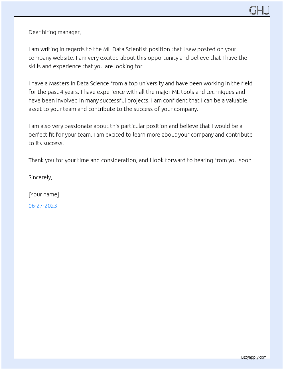 ML Data Scientist At hg k Cover Letter