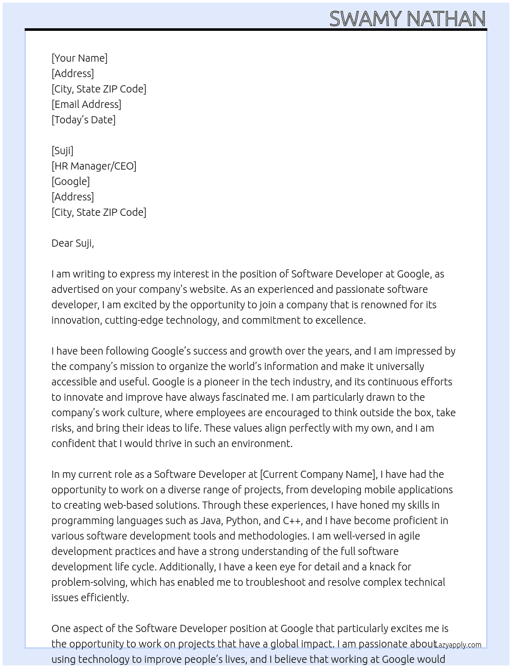 Software developers  At Google  Cover Letter