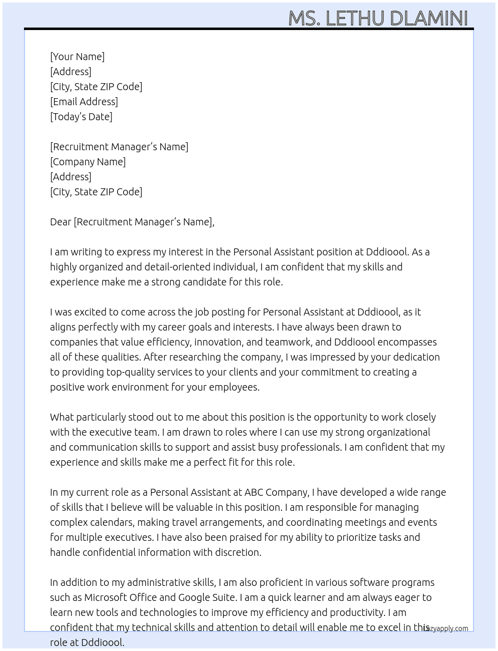 Personal Assistant  At Dddioool Cover Letter