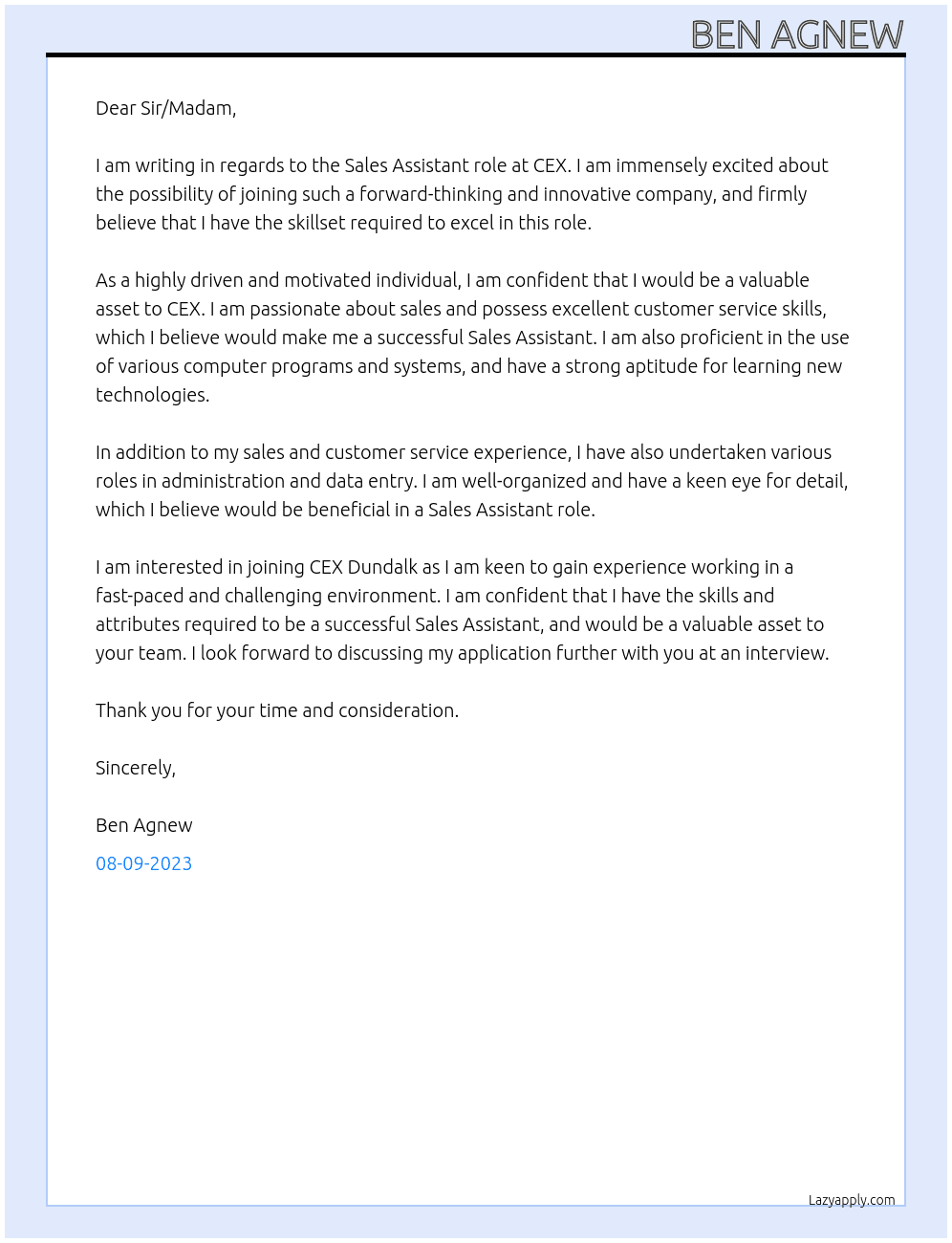 Sales Assistant At CEX Cover Letter