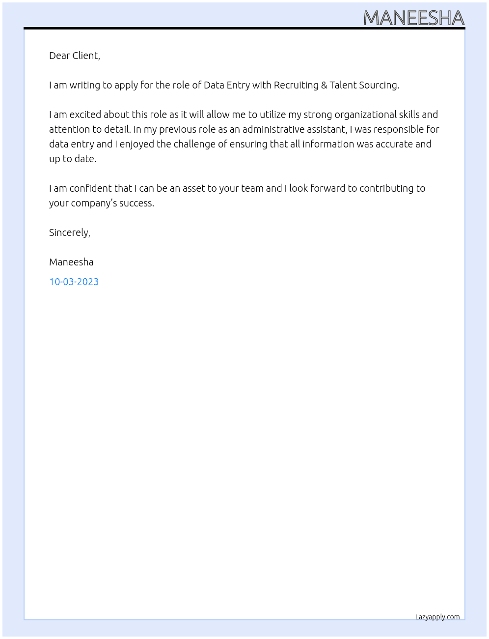 Data entry  At Recruiting & Talent  Sourcing  Cover Letter