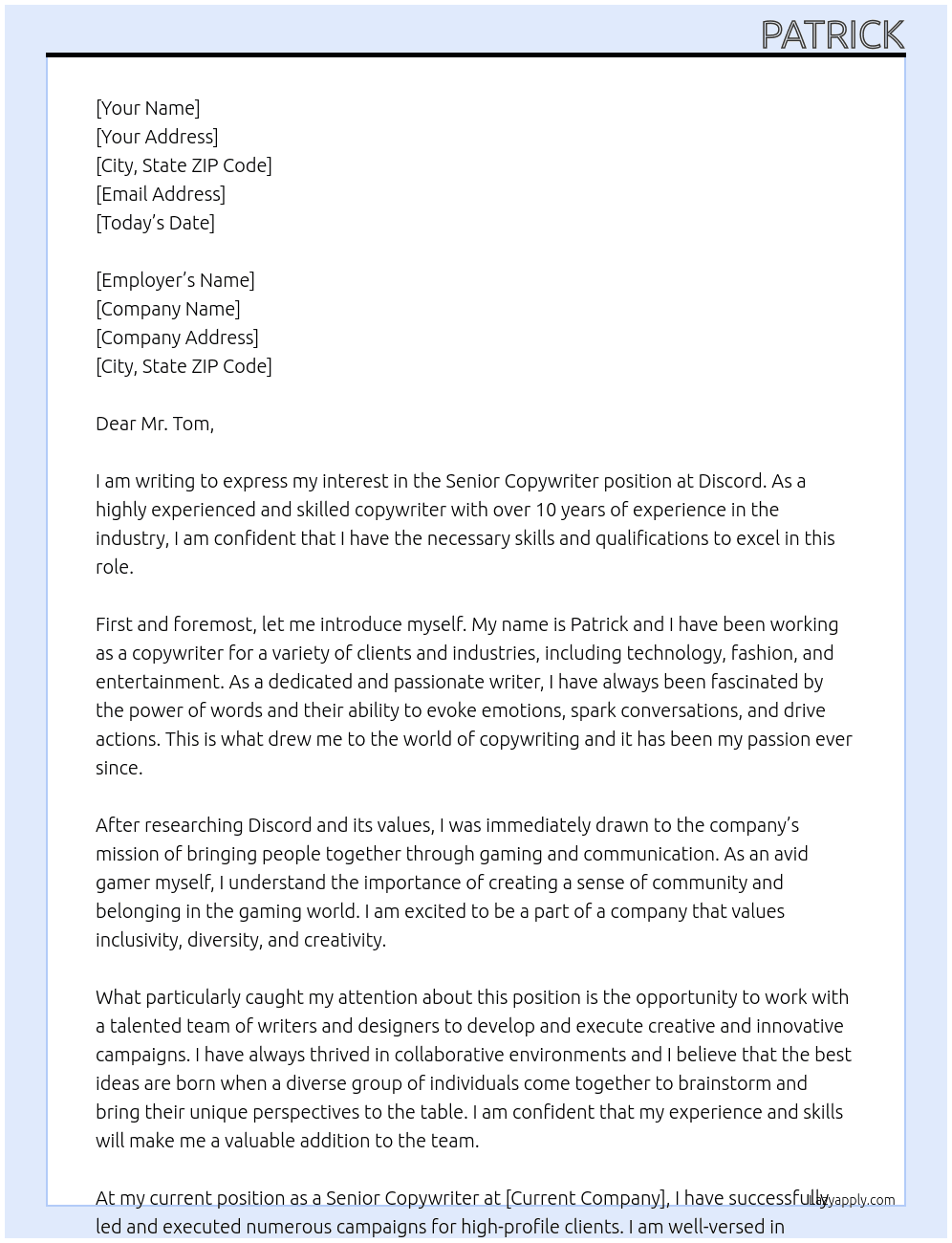 Senior Copywriter At Discord Cover Letter