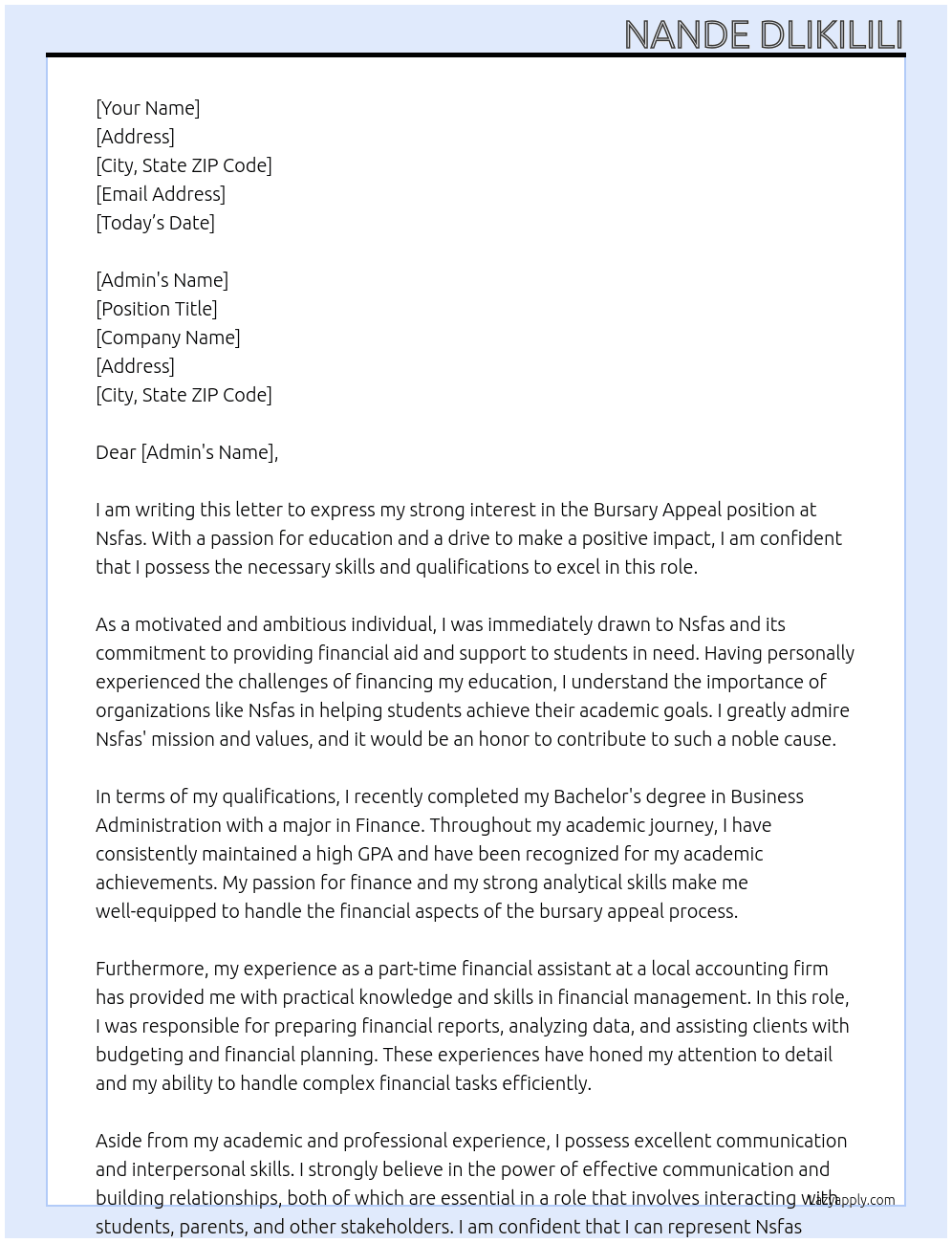 Bursary appeal  At Nsfas Cover Letter