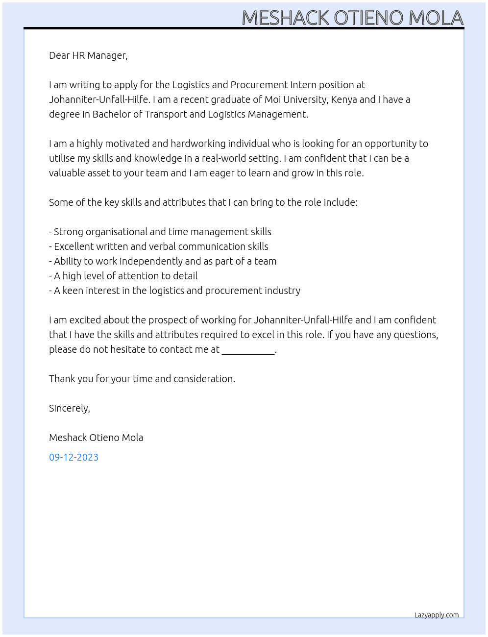 Logistics and Procurement Intern At Johanniter-Unfall-Hilfe Cover Letter