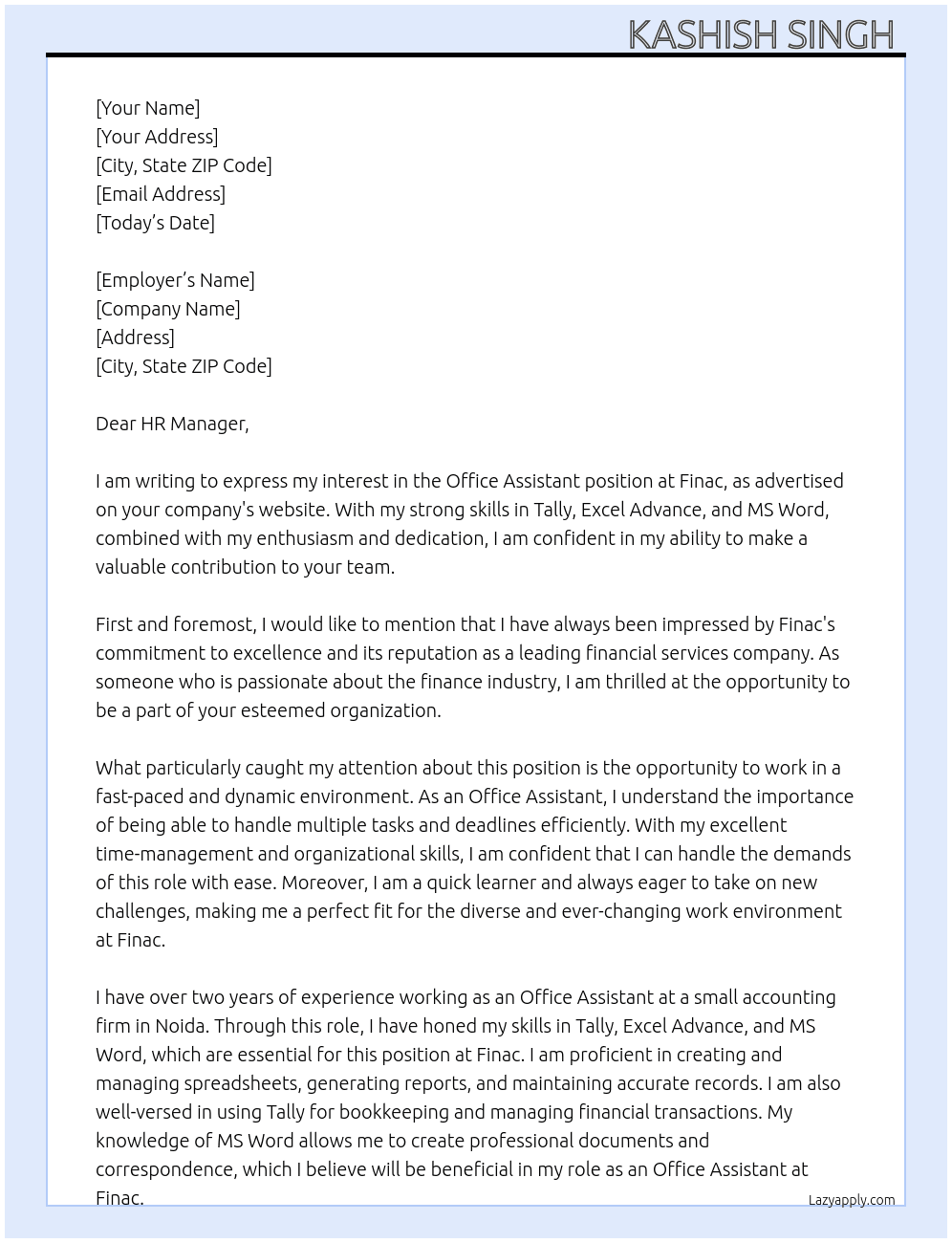 Office assistant  At Finac Cover Letter