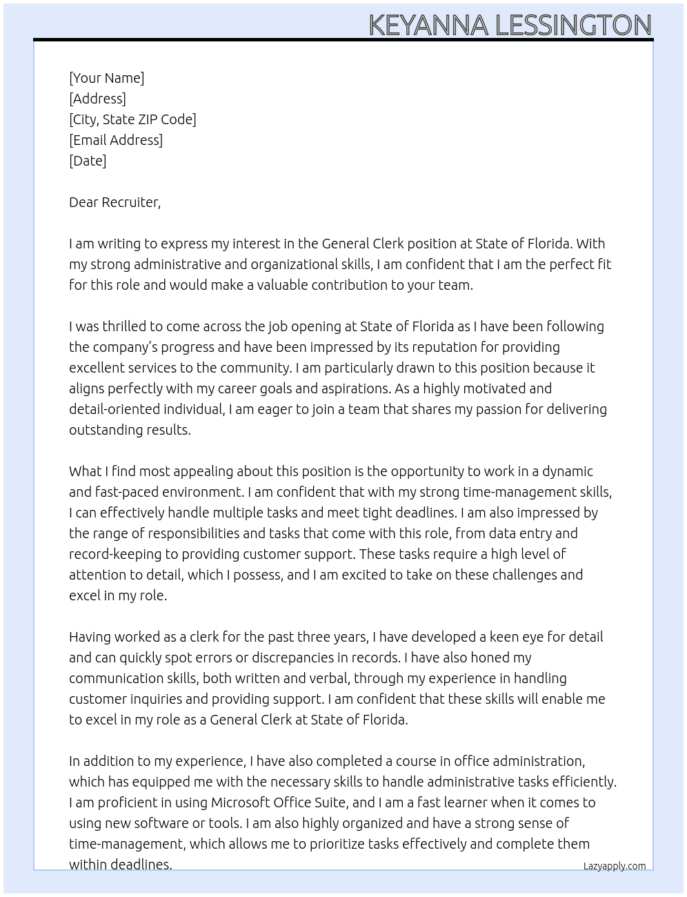 general clerk At state of florida Cover Letter