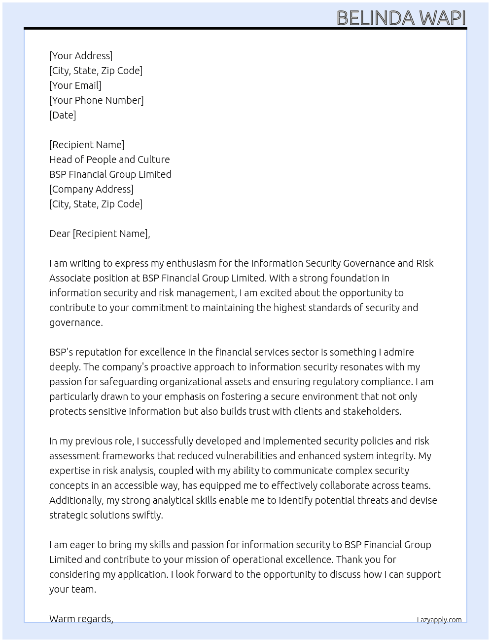 Cover letter for information security governance and risk associate - LazyApply