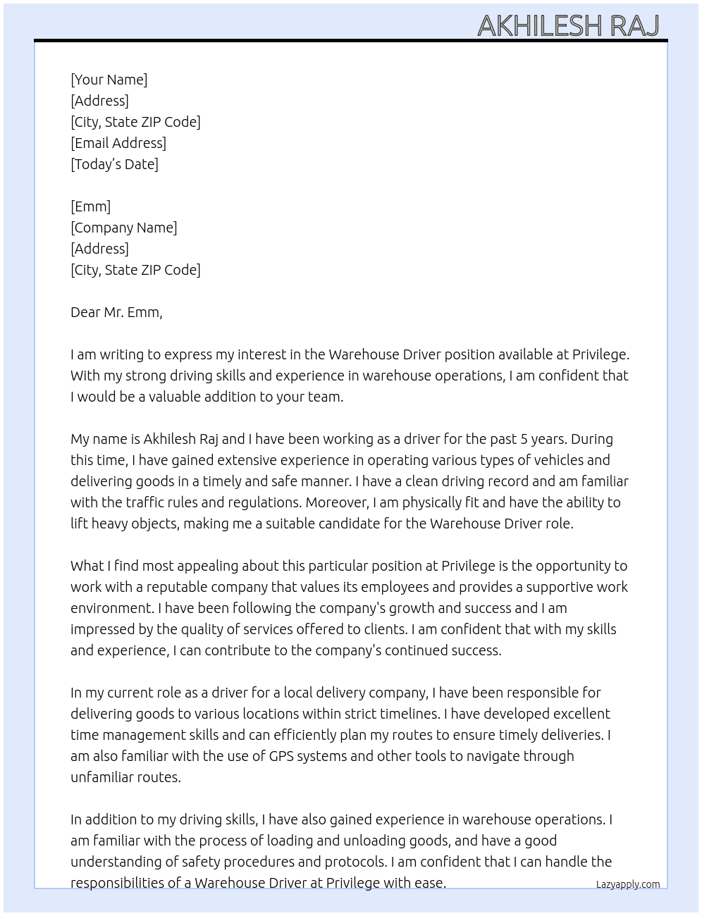 Warehouse driver At Privilege Cover Letter