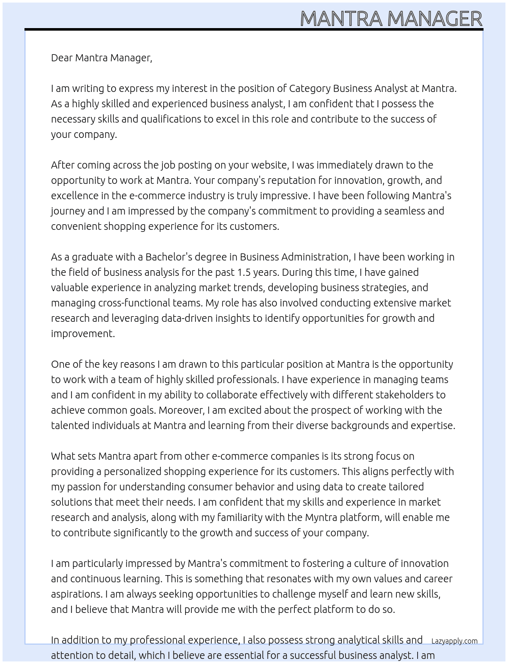 Business analyst At Mantra Cover Letter