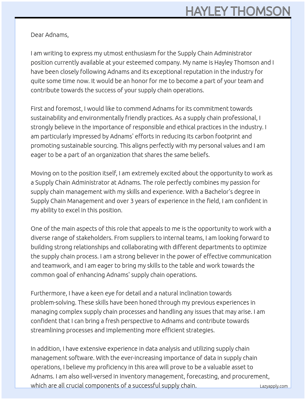 Supply Chain Administrator At Adnams Cover Letter