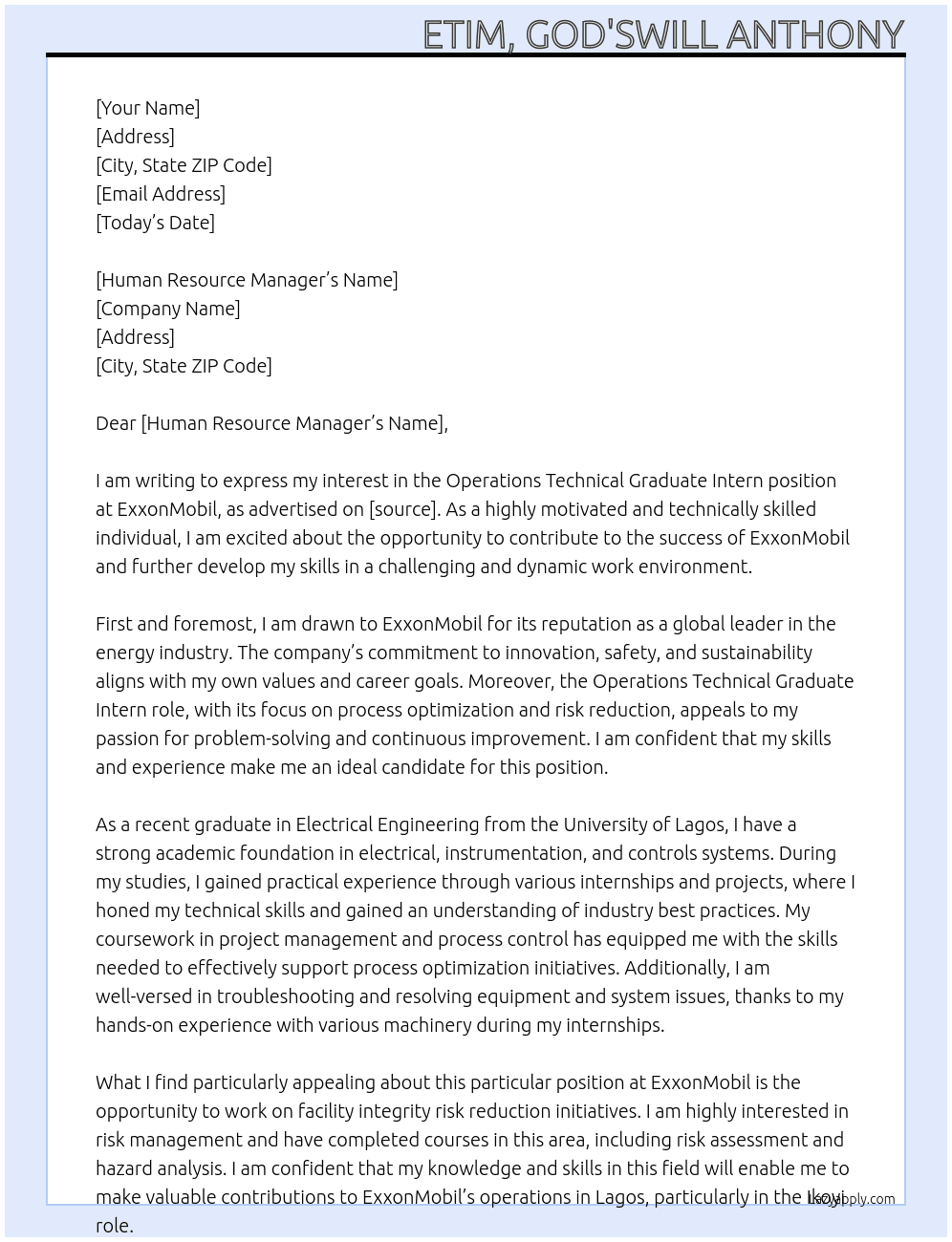 Cover letter for operations technical graduate intern - LazyApply