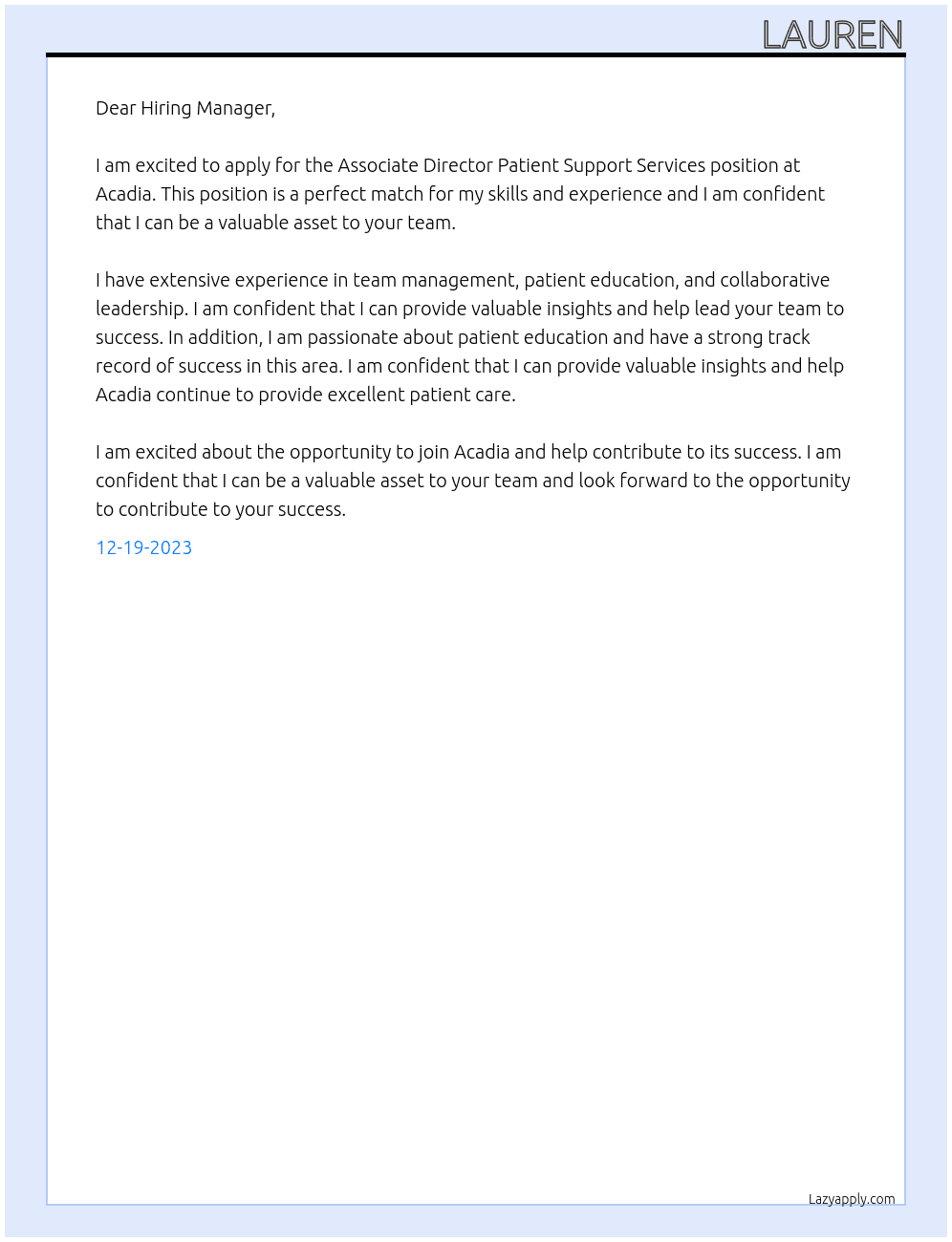 Associate Director Patient Support Services At Acadia Cover Letter