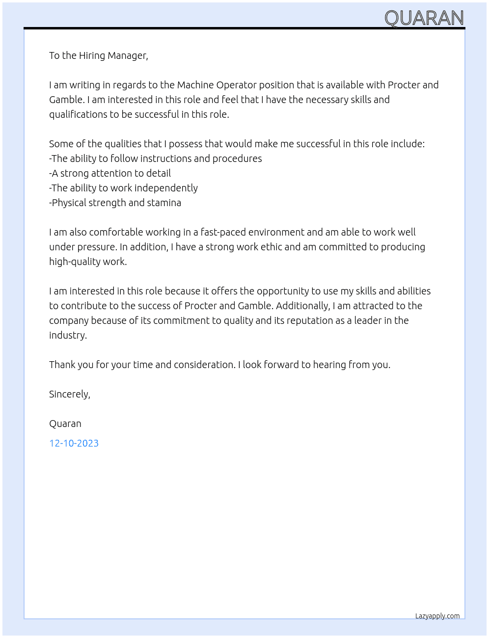 Machine Operator  At Procter and Gamble Cover Letter