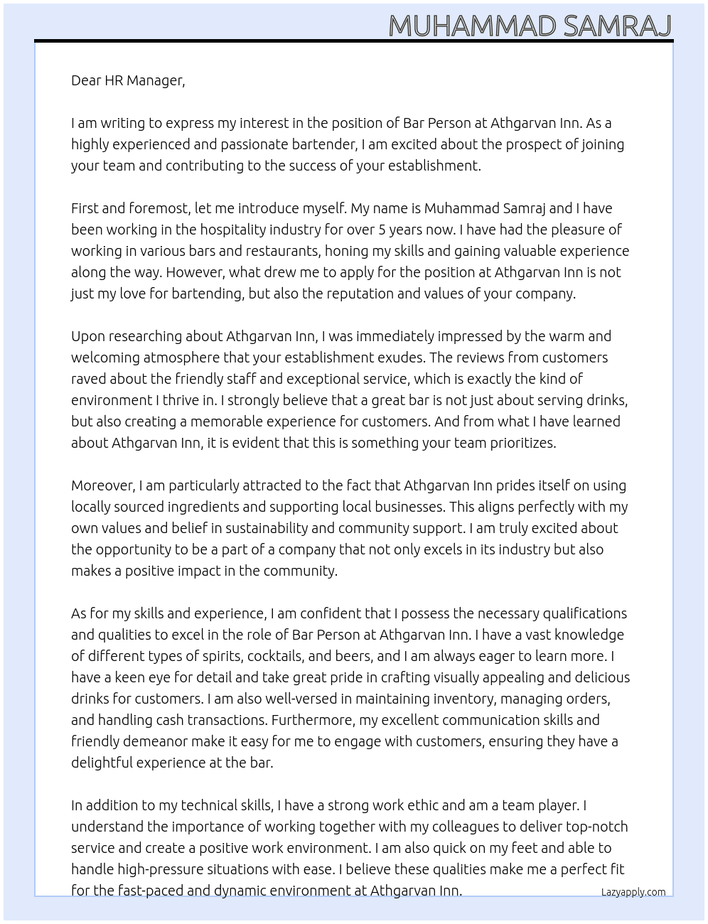 Bar Person At Athgarvan Inn Cover Letter
