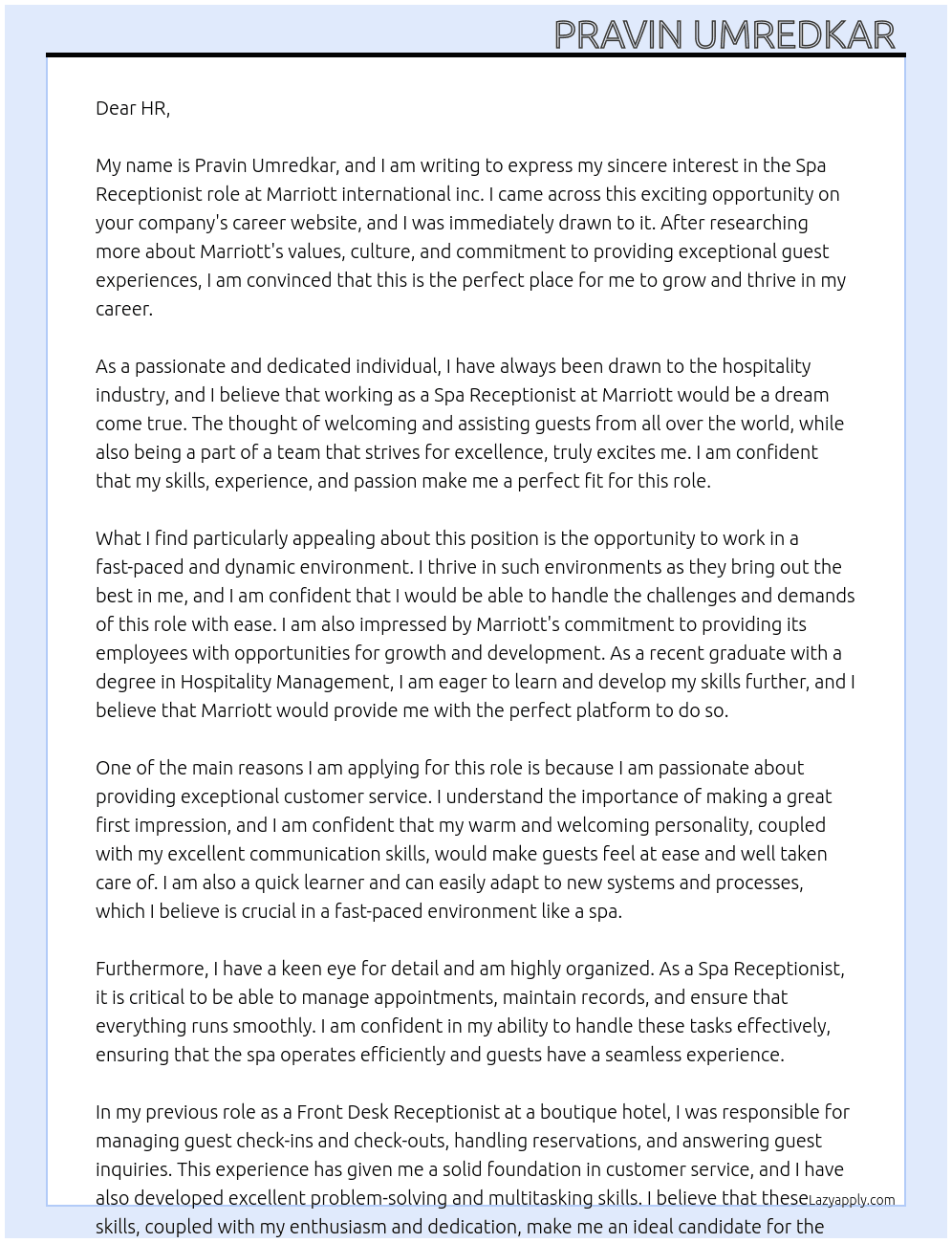 Spa receptionist  At Marriott international inc Cover Letter
