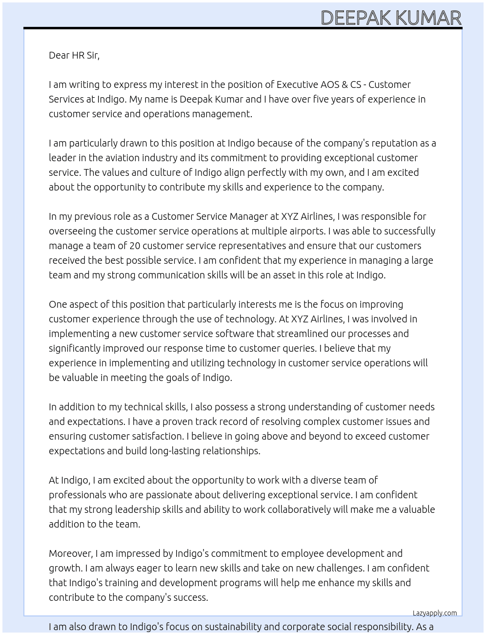 Cover letter for executiv- aos & cs - customer services - LazyApply