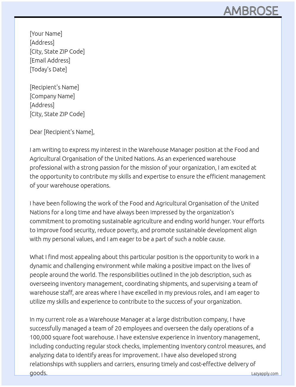 Warehouse Manager  At Food and Agricultural Organisation of the United Nation Cover Letter