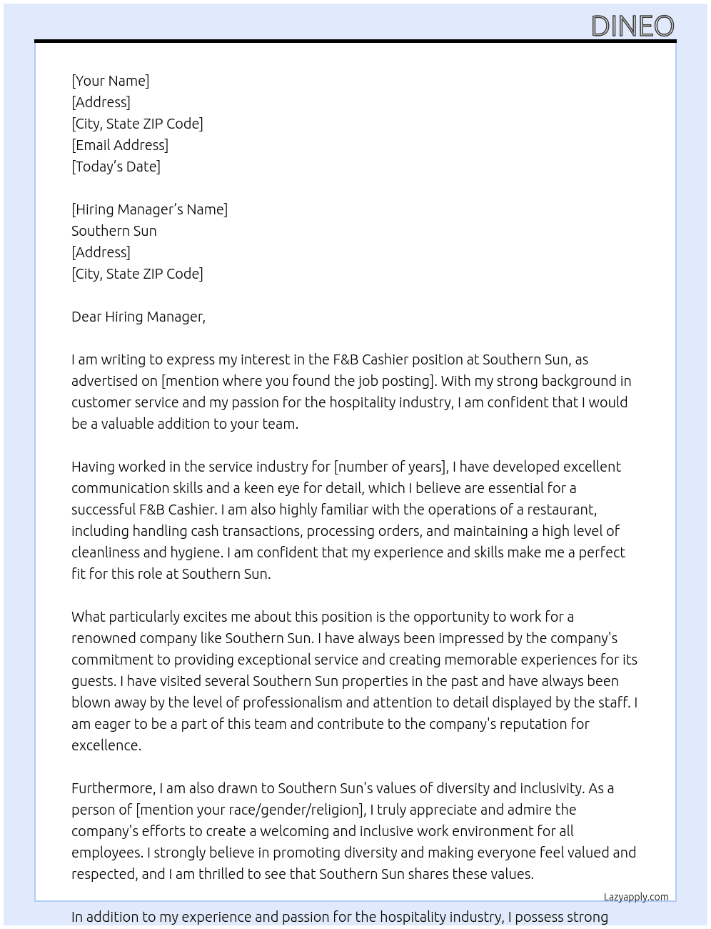 F&B Cashier At Southern Sun Cover Letter