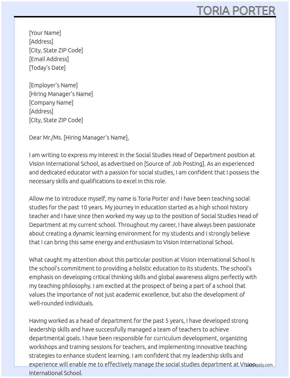 Social Studies Head of Department At Vision international School Cover Letter