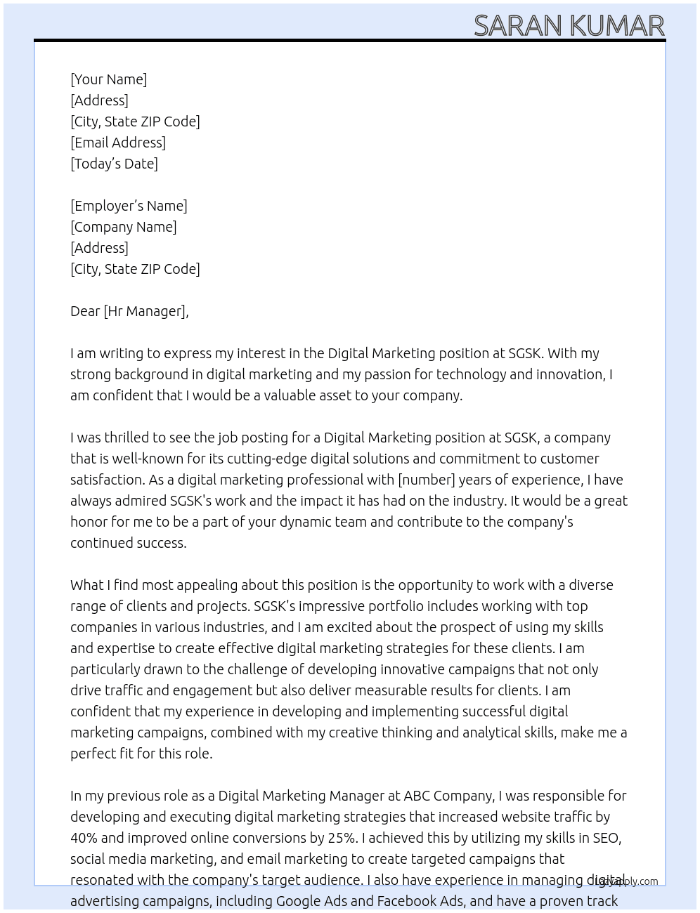 Digital marketing At SGSK Cover Letter