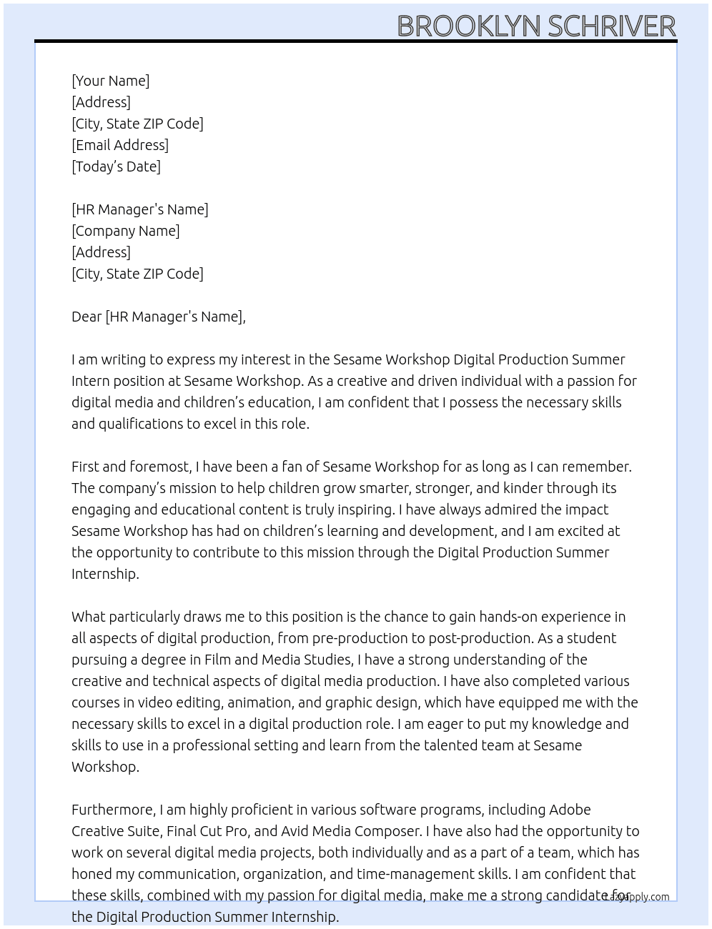 Sesame Workshop Digital Production Summer Intern At Sesame Workshop Cover Letter