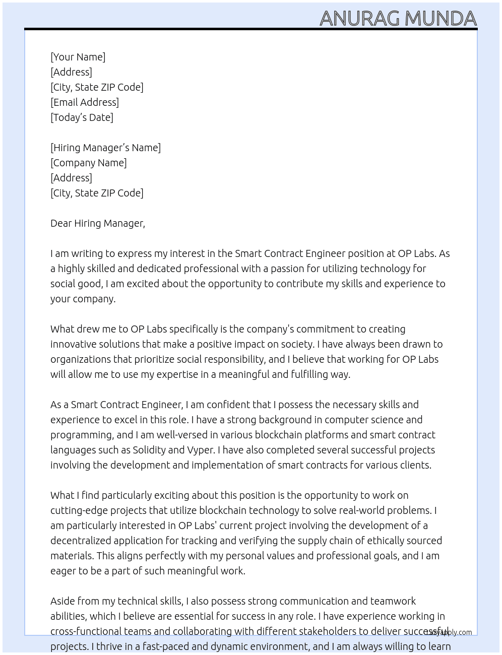 Cover letter for smart contract engineer - LazyApply