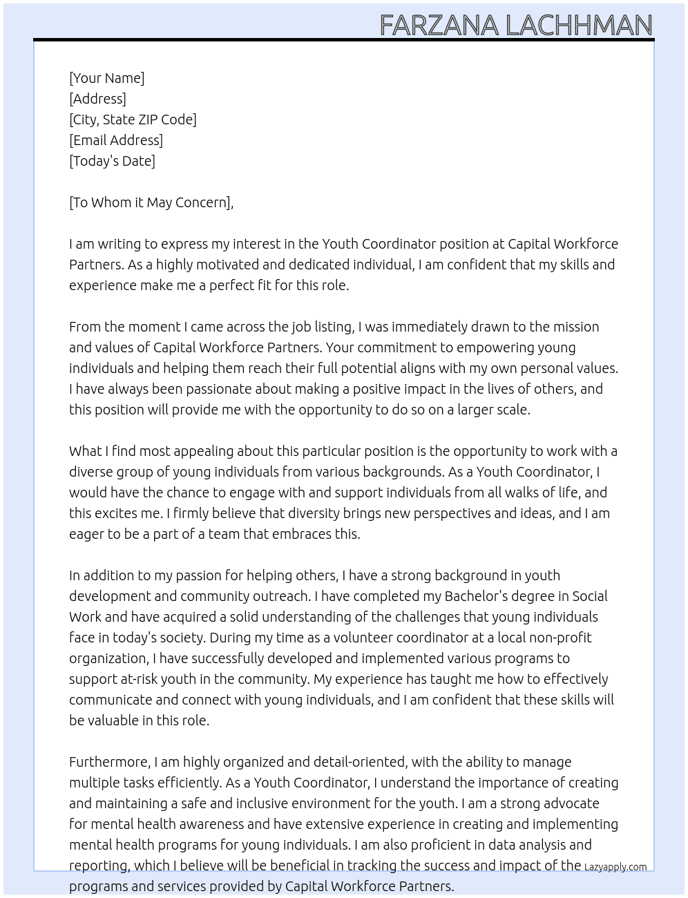 Youth Coordinator  At Capital Workforce Partners Cover Letter