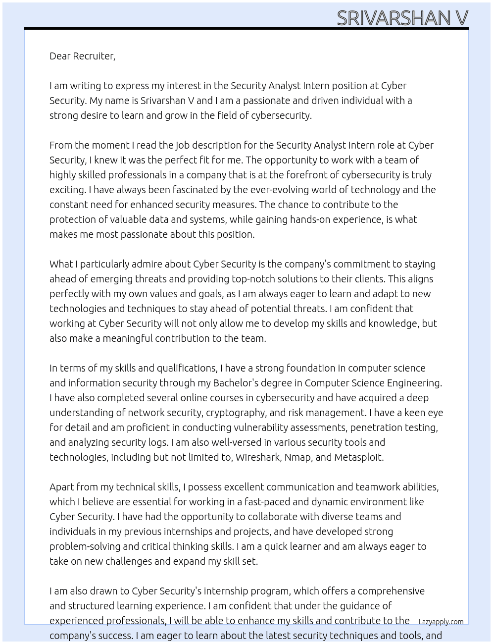Security Analyst Intern At Cyber Security Cover Letter