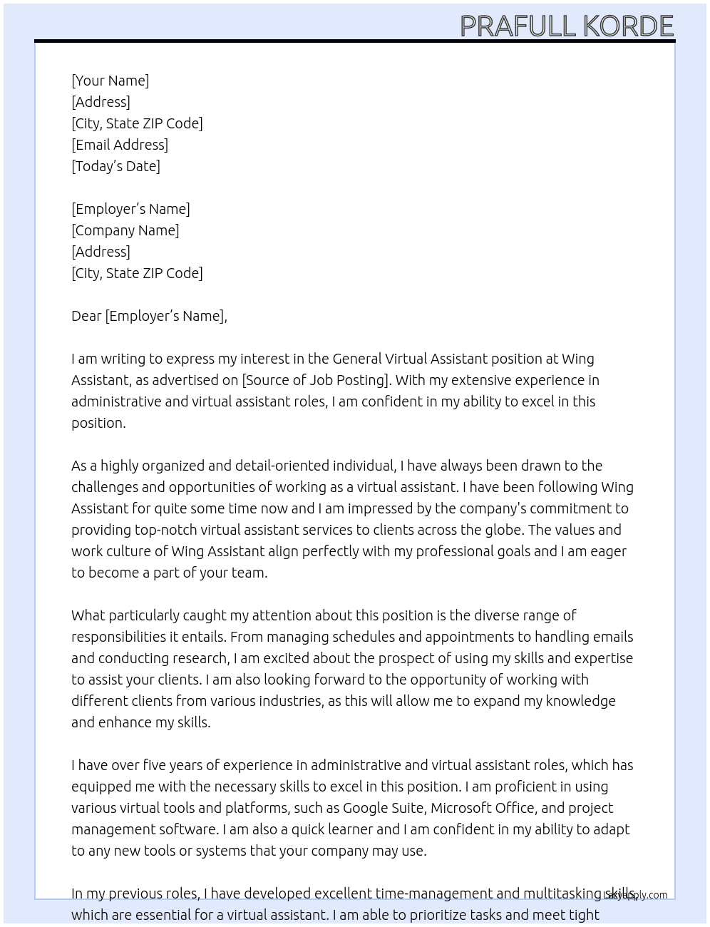 General Virtual Assistant At Wing Assistant  Cover Letter