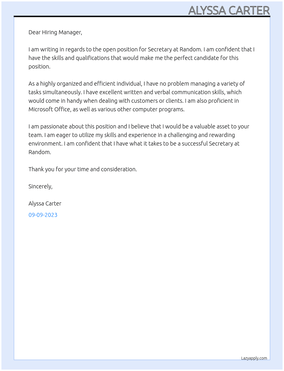 Secretary  At Random Cover Letter