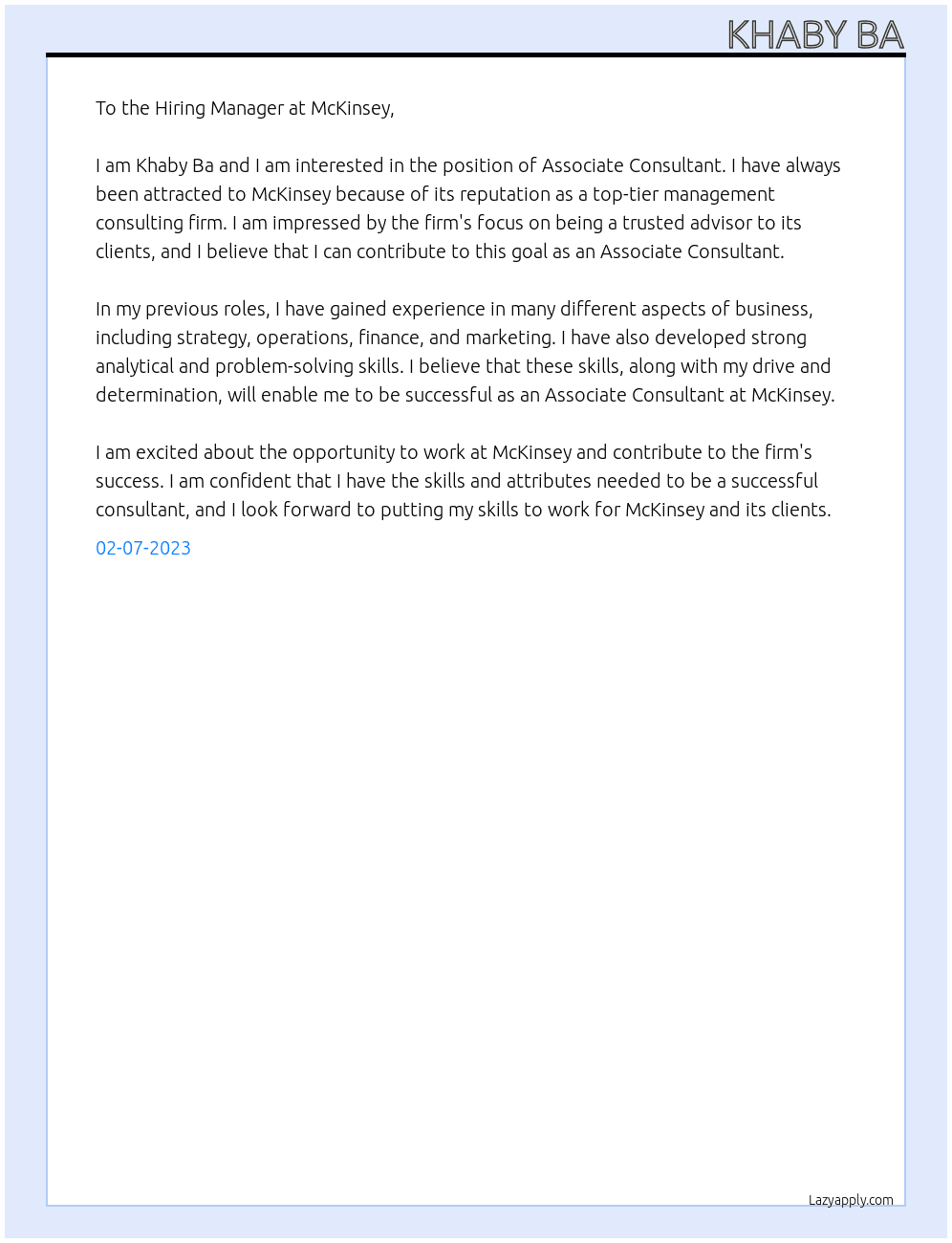 associate consultant At Mckinsey Cover Letter
