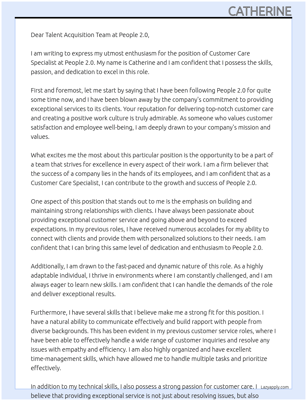 Customer Care Specialist At People 2.0 Cover Letter