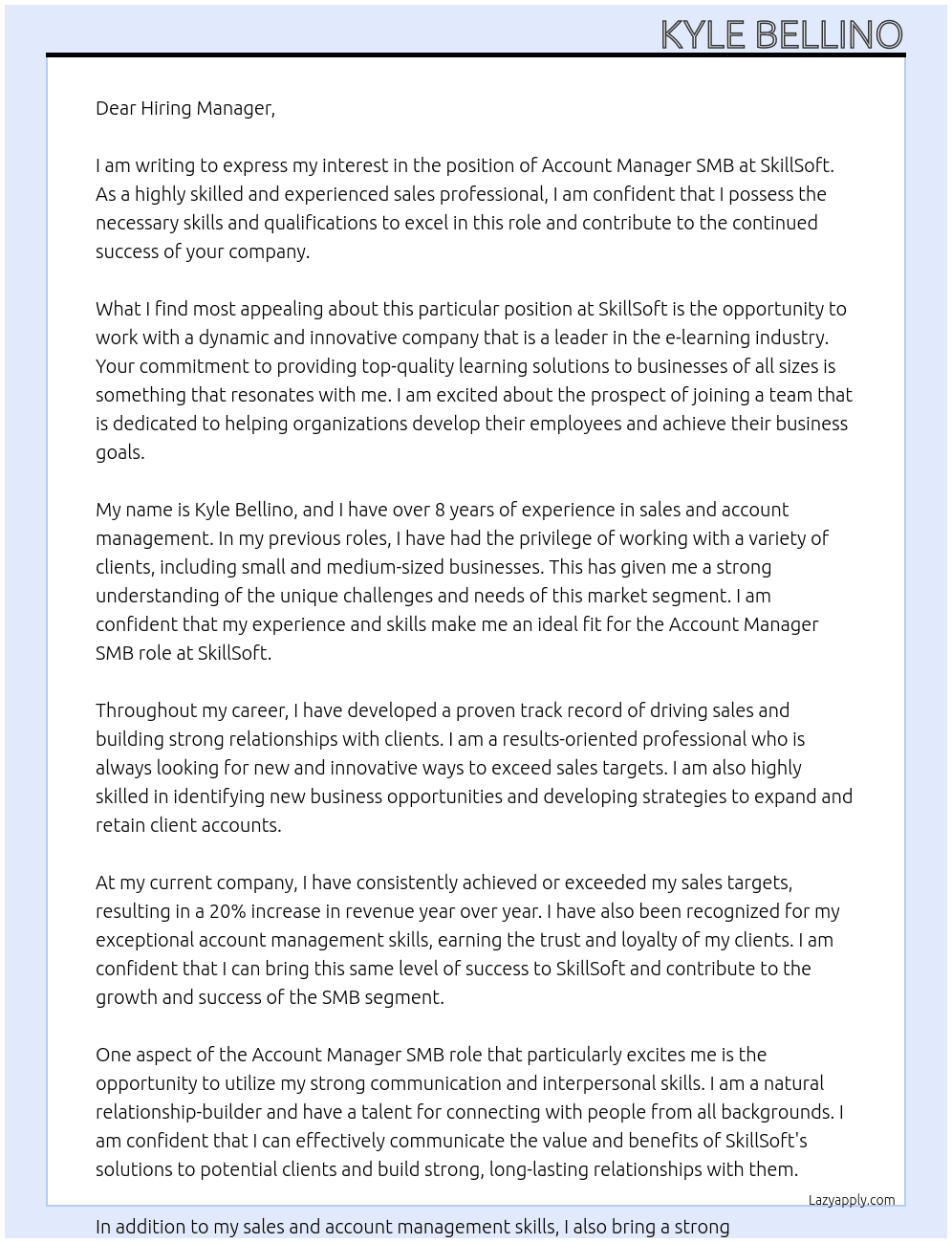 Account Manager SMB At SkillSoft Cover Letter