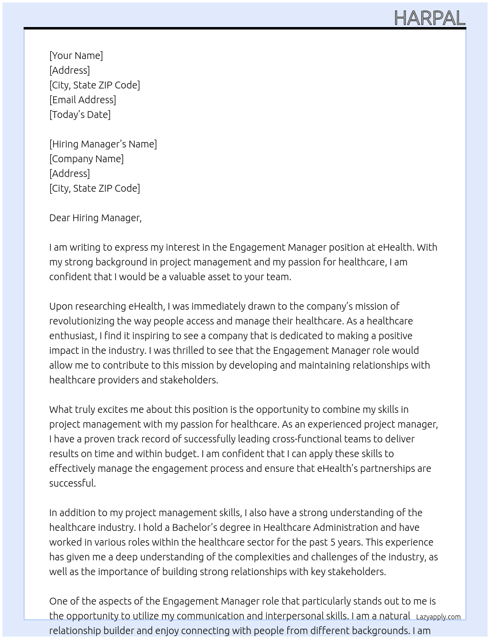 Engagement Manager At eHealth Cover Letter