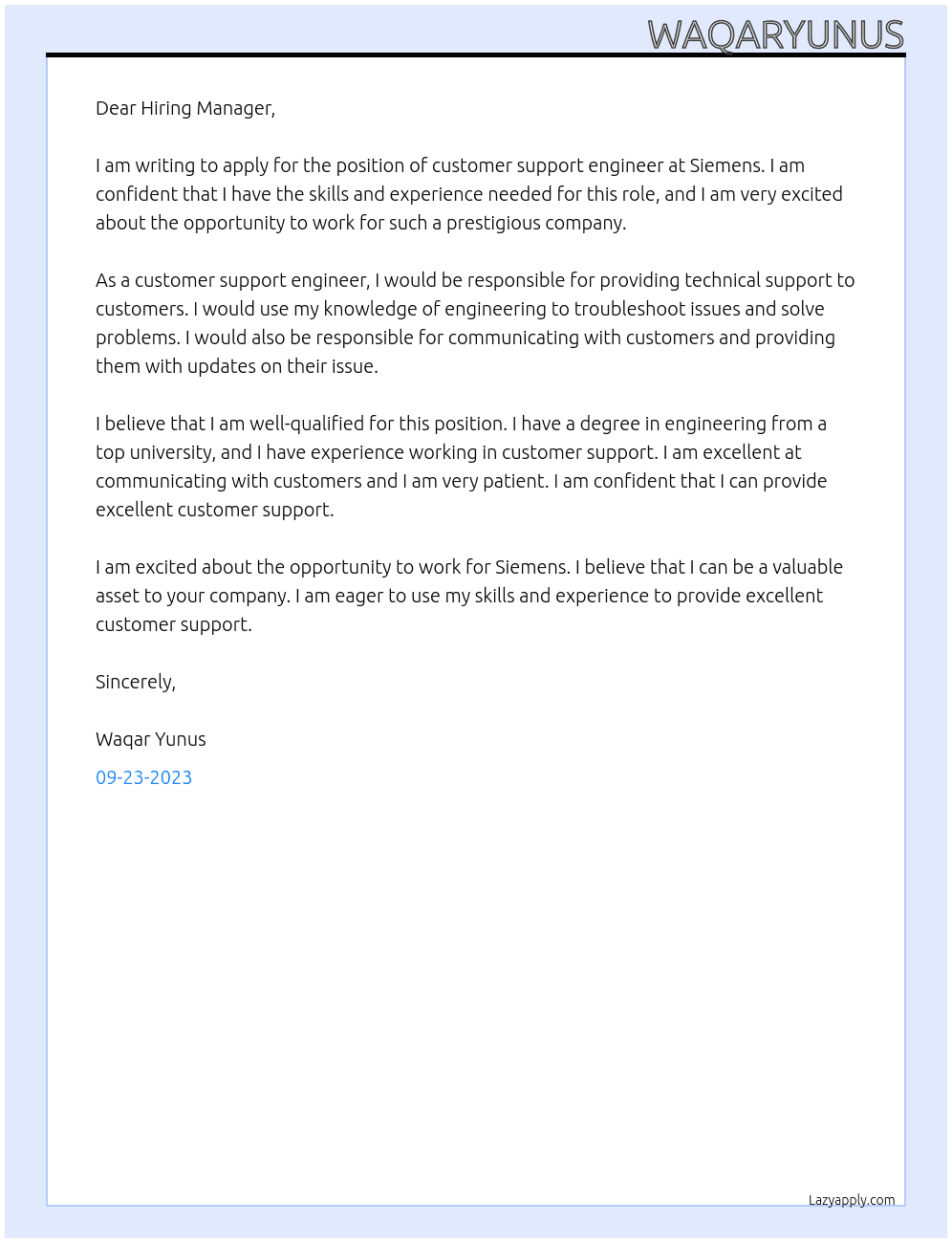 customer support engineer At siemens Cover Letter