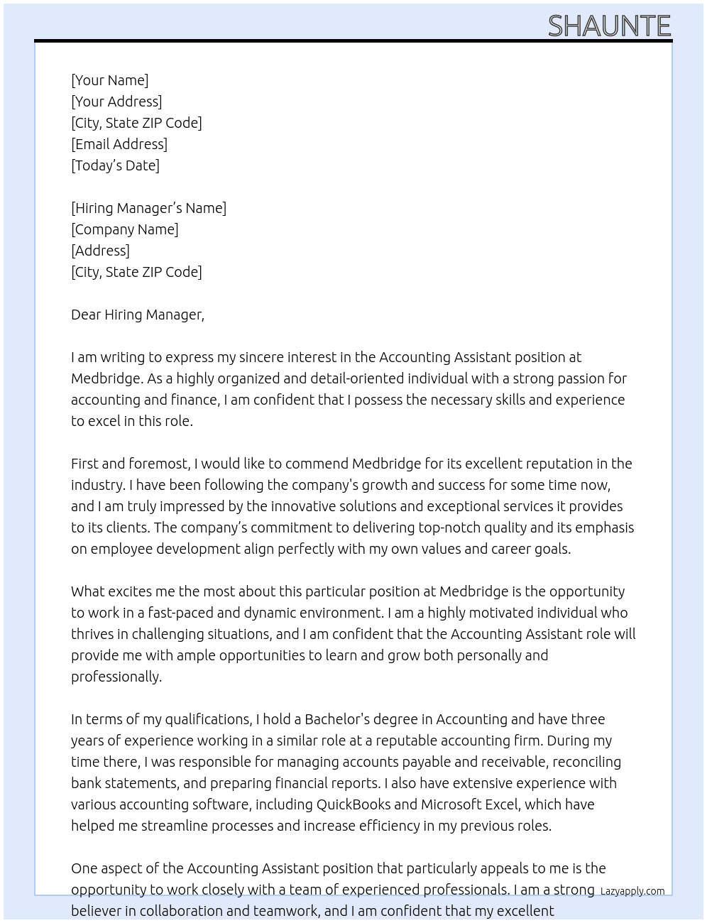 Accounting Assistant At Medbridge Cover Letter