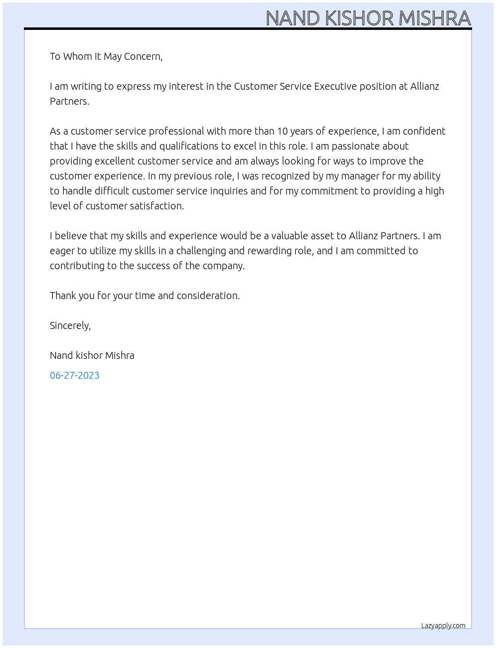  Customer Service Executive At Allianz Partner Cover Letter