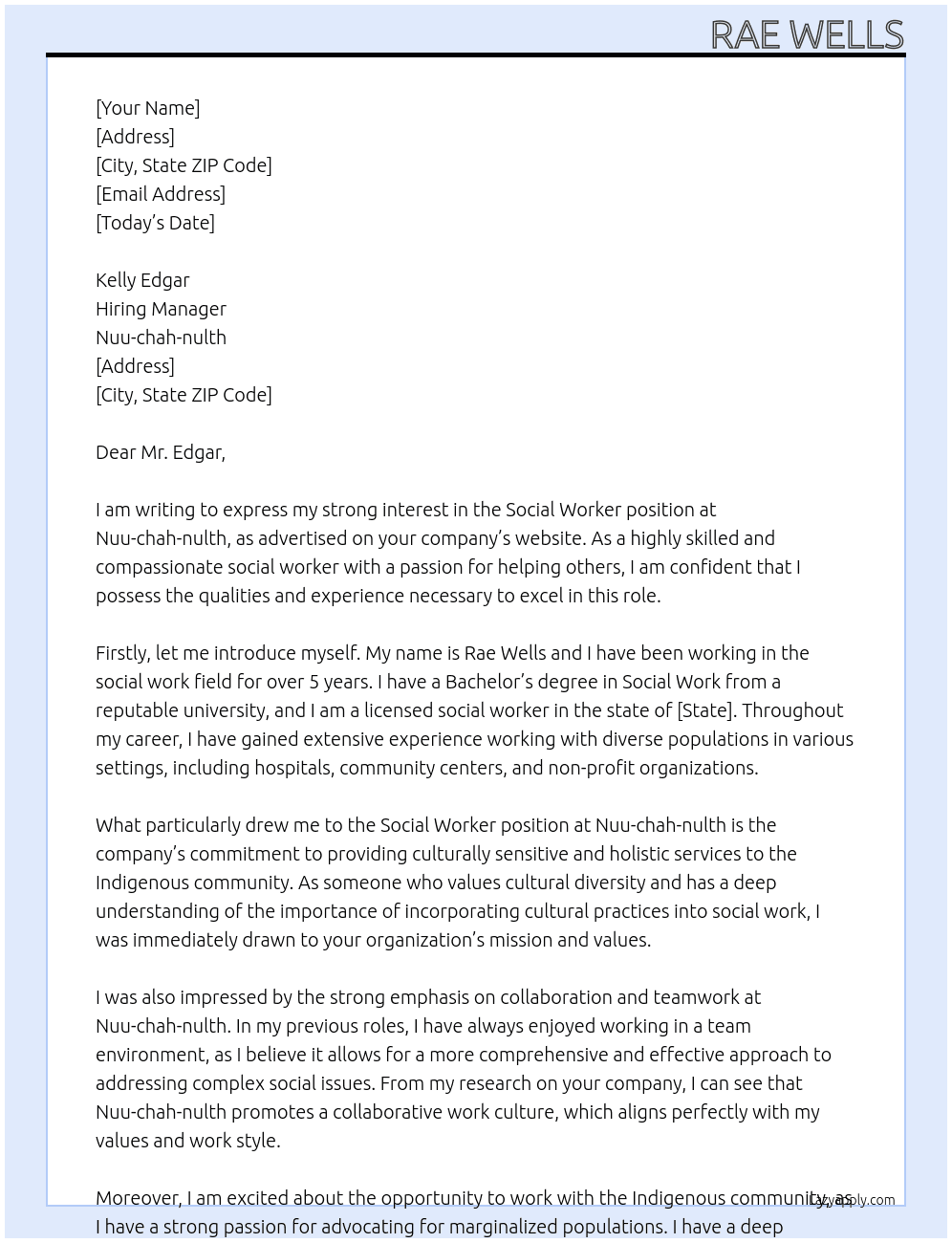 social worker At Nuu-chah-nulth Cover Letter