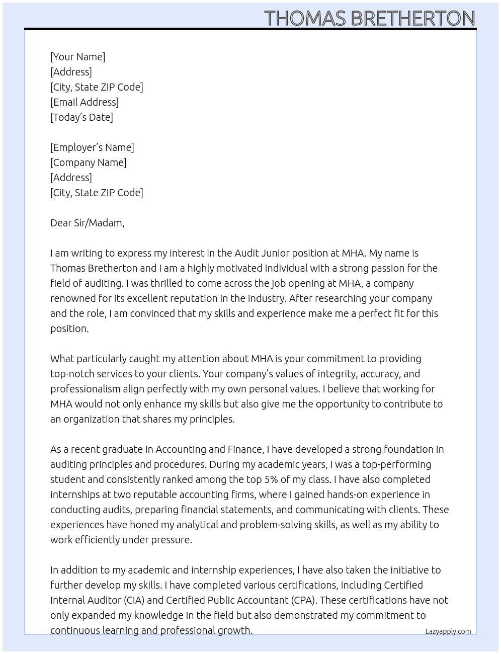 Audit Junior At MHA Cover Letter