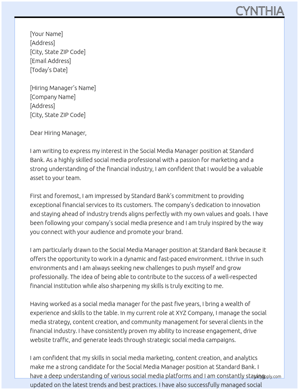 Social Media Manager At Standard Bank Cover Letter