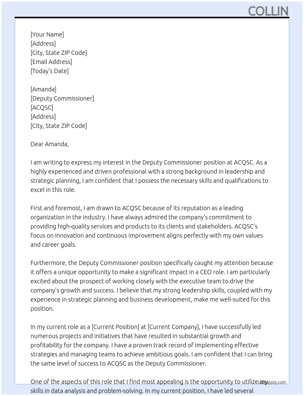 Deputy Commissioner At ACQSC Cover Letter