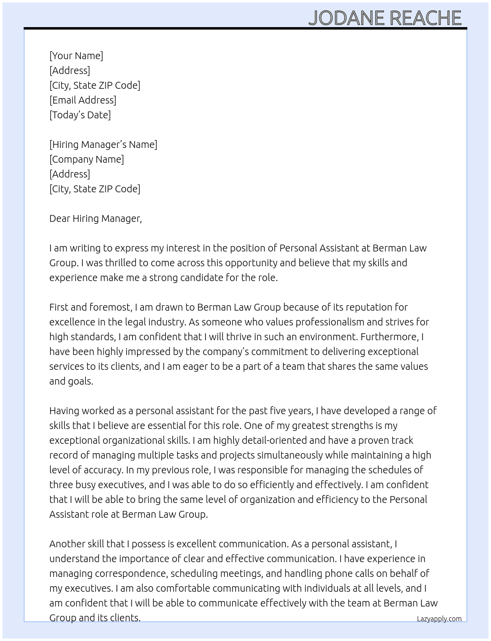 Personal assistant  At Berman Law Group Cover Letter